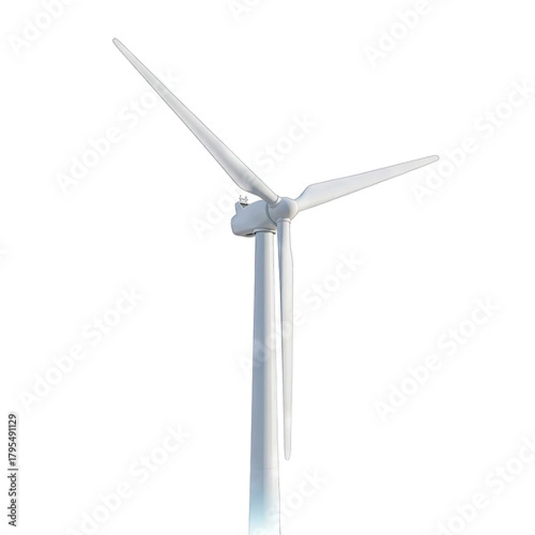 Obraz Modern white wind turbine with three blades stands tall against a clear sky on a bright sunny day generating clean renewable energy