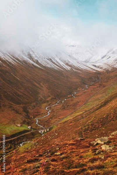 Fototapeta Panoramic view of the Furka mountain steam railway in Switzerland.