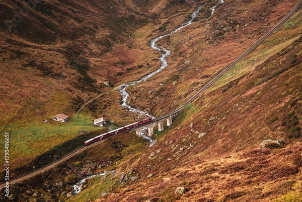 Fototapeta Panoramic view of the Furka mountain steam railway in Switzerland.