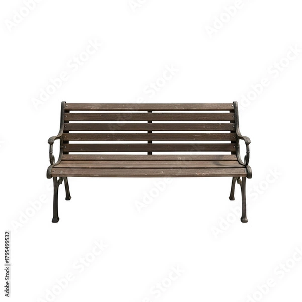 Obraz Old wooden park bench with metal legs isolated on a black background with visible wear and tear details in a soft tone lighting style