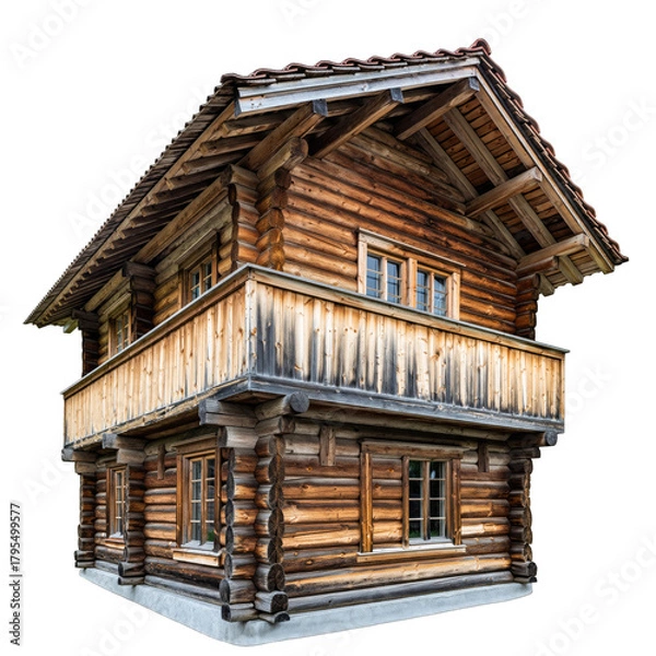 Obraz Old Wooden Chalet With A Balcony In The Mountains With Windows And A Tiled Roof On A Transparent Background