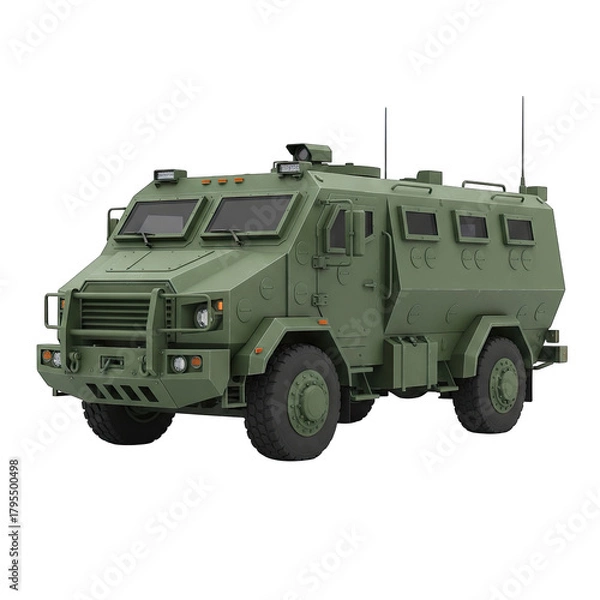 Obraz Olive Green Armored Personnel Carrier Vehicle With Tinted Windows And Off Road Tires Side View Isolated On Transparent Background Studio Render