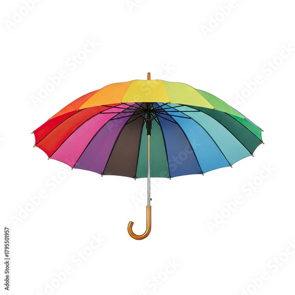 Obraz Open Rainbow Colored Umbrella With Wooden Handle Isolated On Black Background Studio Shot