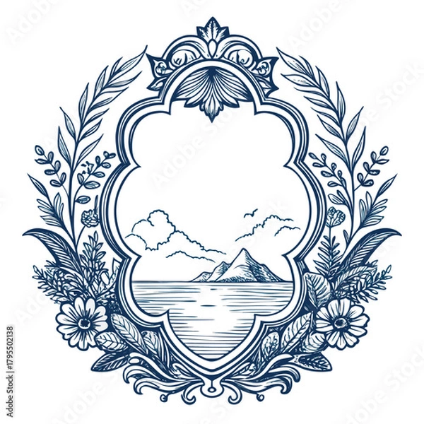 Obraz Vintage ornamental frame with an ocean scene, sailboat, mountain, and birds in elegant line-art style, monochrome ink illustration.