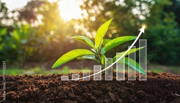 Fototapeta Young Green Plant Growing with Financial Growth Graph in Natural Setting ,sustainable development in an eco-friendly financial concept.