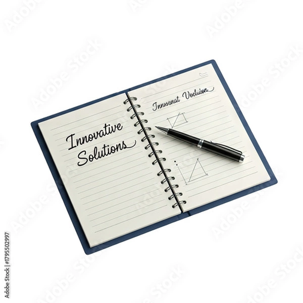 Obraz Open Spiral Notebook With Innovative Solutions Written In Black Ink And Pen On A Clean White Page With A Black Pen On The Right Side In A Studio Shot