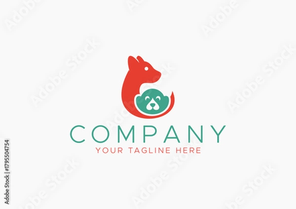 Fototapeta Caring Pet Logo Vector, Abstract Red Dog or Cat Embracing a Small, Cute Puppy or Kitten