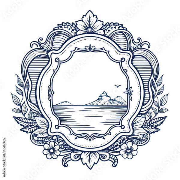 Obraz Vintage ornamental frame with an ocean scene, sailboat, mountain, and birds in elegant line-art style, monochrome ink illustration.