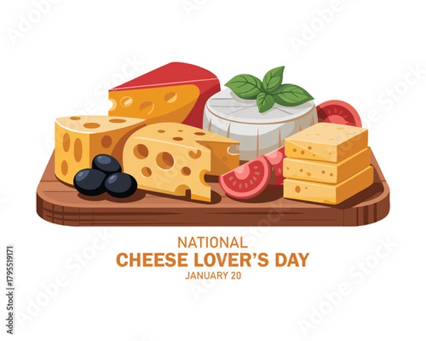 Fototapeta National Cheese Lover’s Day poster vector illustration. Various types of cheese on a wooden cutting board icon vector. Cheese platter with camembert and more. January 20. 