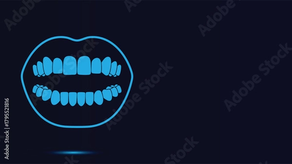 Fototapeta Detailed Digital Vector Illustration of Healthy Human Teeth and Open Mouth Outline in Bright Blue Neon Style Against a Deep Dark Background Perfect for Dentistry and Medical Websites