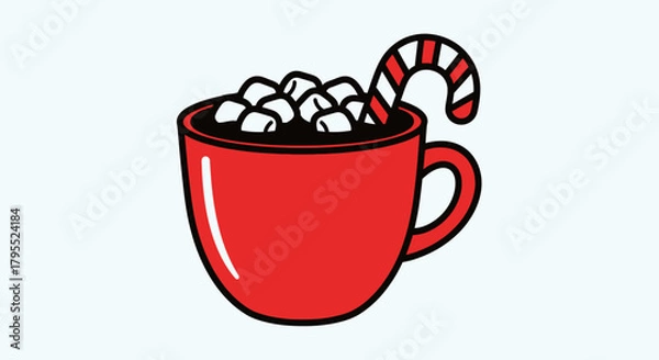 Fototapeta Red mug filled with hot chocolate and marshmallows, topped with a festive candy cane, isolated.