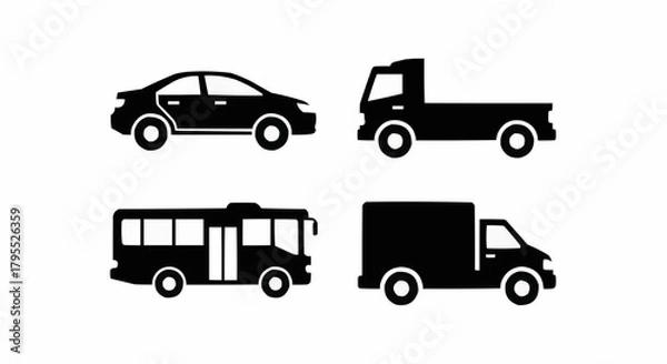 Fototapeta Four different types of vehicles including a car, truck, bus and delivery van are shown in black