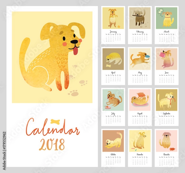 Obraz Calendar 2018. Cute monthly calendar with Watercolor dogs.