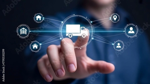 Obraz Smart Logistics and Modern Supply Chain Management. A businessman interacts digital ecosystem of parcel delivery, warehousing, and e-commerce, global shipping efficiency. AI