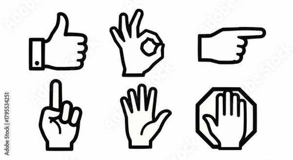 Fototapeta Illustration of various hand gestures including thumbs up ok pointing and stop signals in black and white