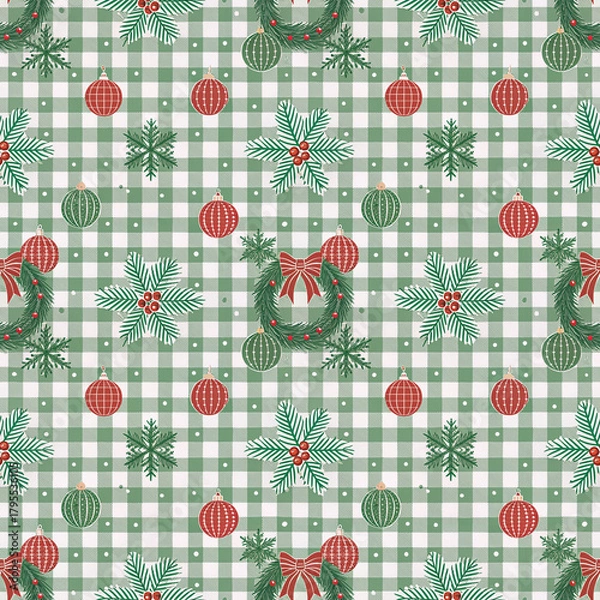 Obraz Christmas Plaid Wreath & Ornaments Seamless Pattern