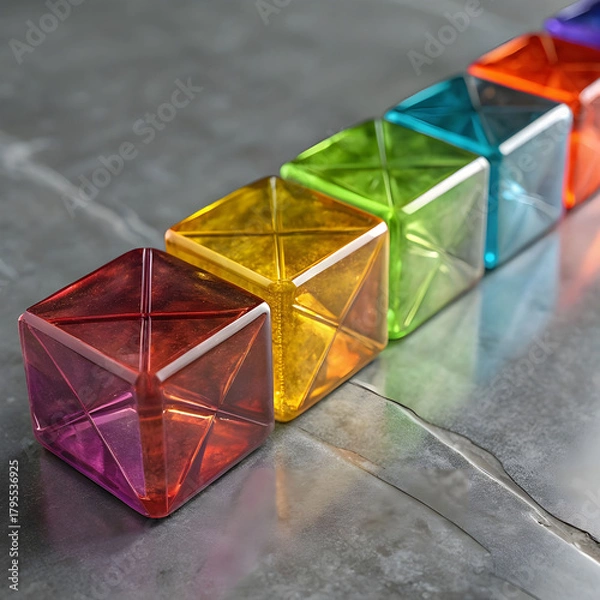 Fototapeta A vibrant 3D render featuring multi-colored glass pieces set against a neutral gray background.