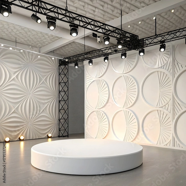 Fototapeta A sleek 3D render featuring a vector-style abstract background with a modern podium.