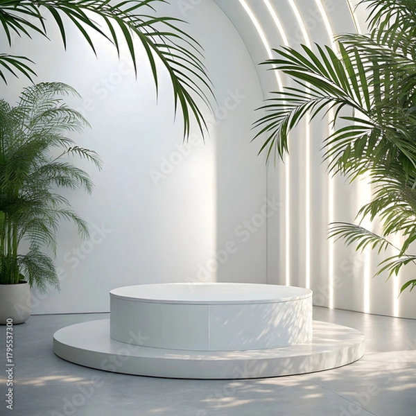 Fototapeta A sleek 3D render featuring a vector-style abstract background with a modern podium.