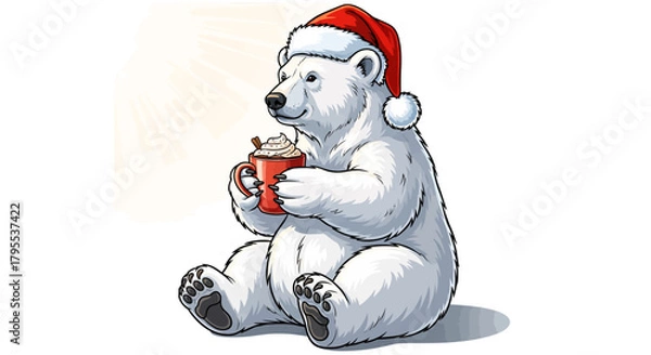 Fototapeta Adorable polar bear wearing Santa hat enjoys a warm cup of cocoa with whipped cream and cinnamon, radiating holiday cheer and cozy winter vibes.