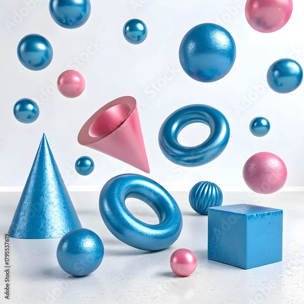 Fototapeta composition of floating geometric primitives, showcasing detailed textures.