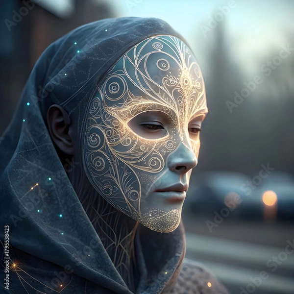 Fototapeta An abstract digital human face composed of data points and lines.