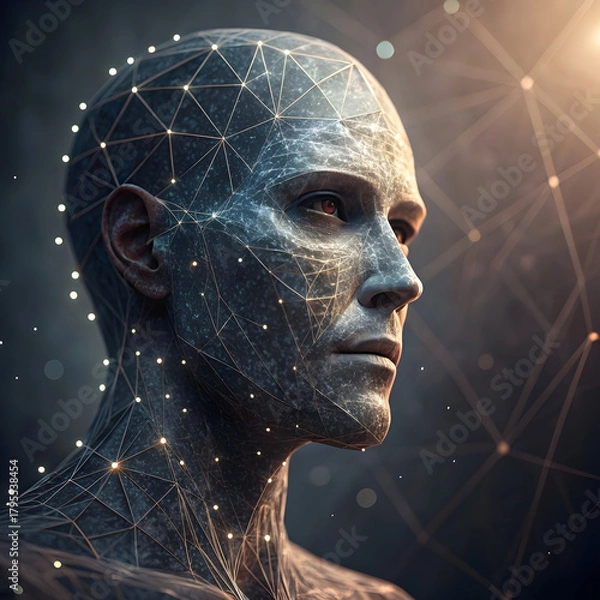 Fototapeta An abstract digital human face composed of data points and lines.