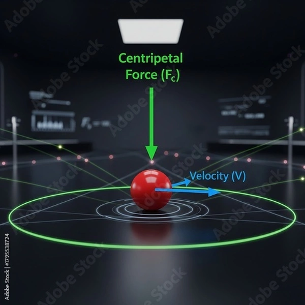 Fototapeta Dynamic physics concept illustrating centripetal force acting on a red sphere in circular motion with velocity vector highlighted
