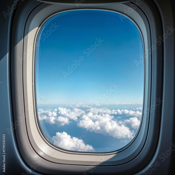 Fototapeta Perfect high definition Airplane window view with bright blue sky and scattered clouds above the horizon