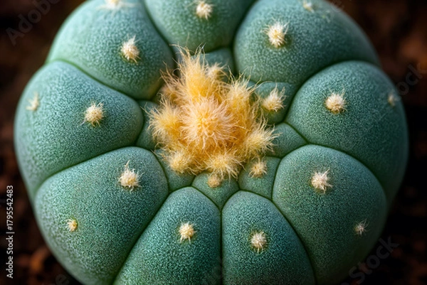 Fototapeta Macro peyote cactus (Lophophora williamsii) detail showing fine surface texture and soft yellow tuft center