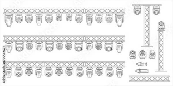 Fototapeta Black-and-white technical drawing of stage truss structures with multiple moving heads, spotlights and LED fixtures. Detailed top-view layout for stage lighting design and professional rigging setups.