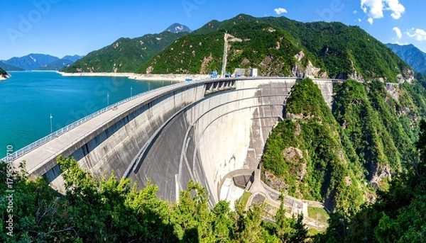 Fototapeta Panoramic view of Three Gorges Dam surrounded by mountains