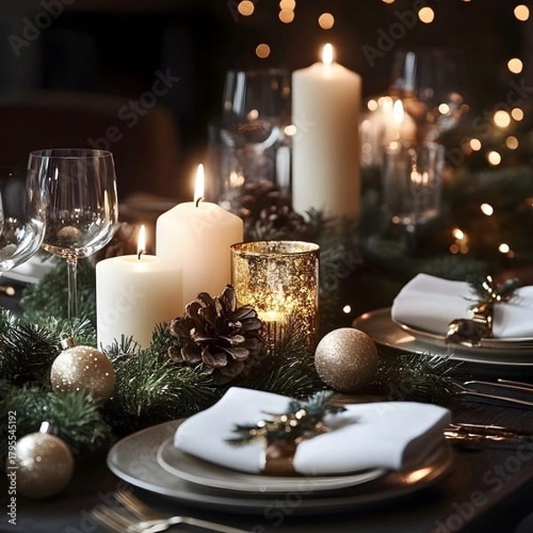 Fototapeta Festive holiday table, candles, Christmas decorations, elegant