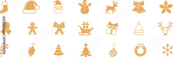 Fototapeta Golden  christmas icon set. holiday symbols including santa, snowman, reindeer, gifts, and trees Vector