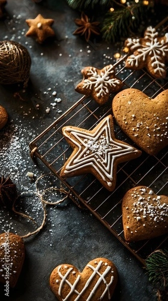 Fototapeta Gingerbread cookies in the shape of stars and hearts