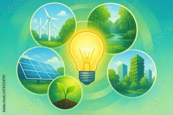 Fototapeta Innovative energy solutions illustrated through a light bulb surrounded by renewable resources like wind turbines and solar panels. Concept of sustainability and environmental conservation.