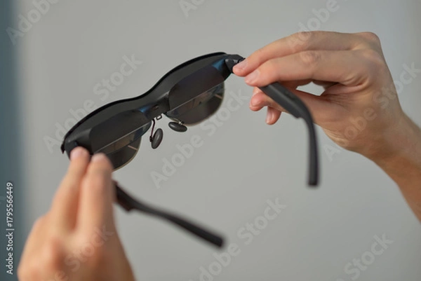 Obraz A man holding smart AR glasses in hands