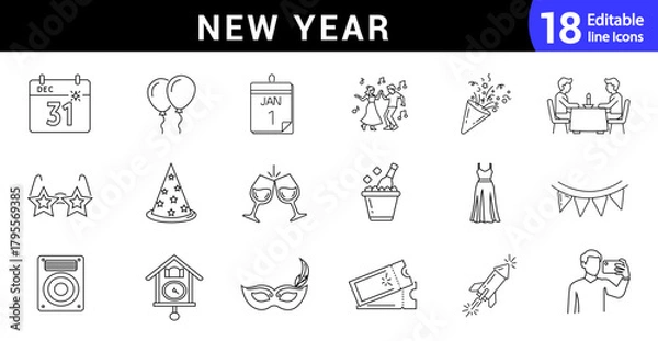 Fototapeta New year celebration line icon set. Editable outline party, fireworks, celebration, dance, wishes, events and more. Vector illustration