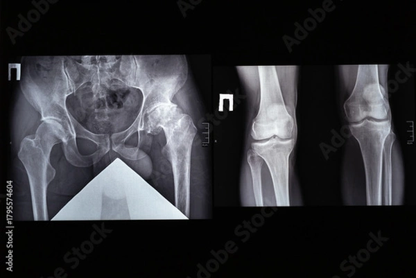Obraz X-ray of dysplastic coxarthrosis. Deformation of the left femoral head. Aseptic necrosis and massive cystic changes in the hip joint. Shortening of the left lower limb by 4.0 cm.