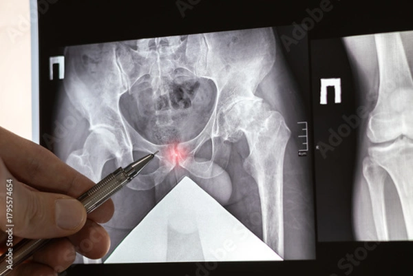 Obraz Doctor learn X-ray of dysplastic coxarthrosis. Deformation of the left femoral head. Aseptic necrosis and massive cystic changes in the hip joint. Projective shortening of the left lower limb.