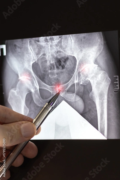 Obraz Doctor learn vertical X-ray of dysplastic coxarthrosis. Deformation of the left femoral head. Aseptic necrosis and massive cystic changes in the hip joint. Projective shortening left lower limb.