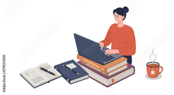 Obraz Woman uses Laptop on Book Stack with Tea