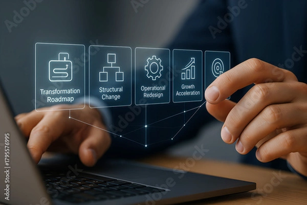 Fototapeta Business transformation roadmap with icons and laptop