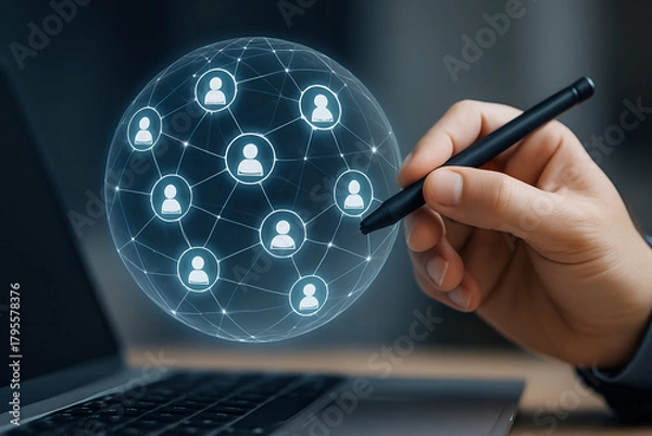 Fototapeta Global network of people icons connected by lines on a sphere