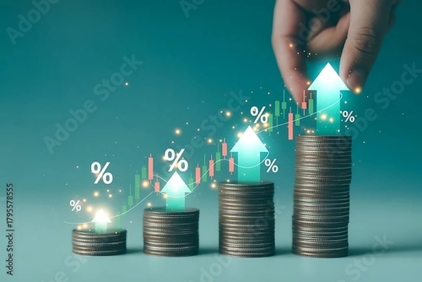 Fototapeta Businessman using laptop with heap of coins and arrow up with percentage symbol for financial increase interest rate or mortgage investment dividend from business growth concept..