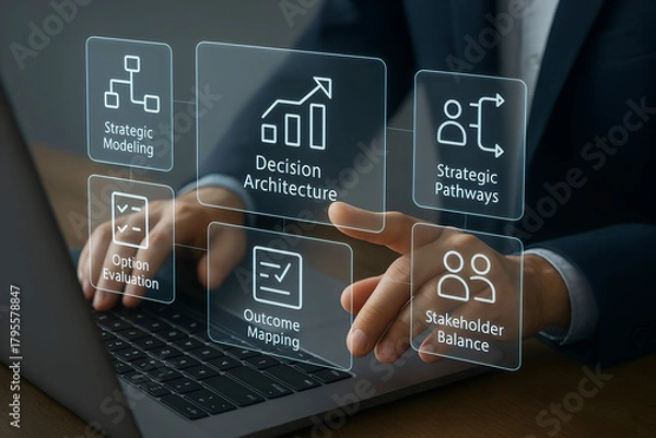Fototapeta Strategic decision making with icons and laptop strategy