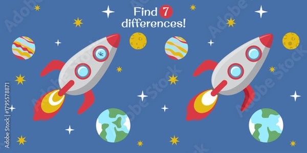 Obraz Find the difference, children's task, space, rocket, stars, planets, Earth, Moon, puzzle, development, children, kindergarten