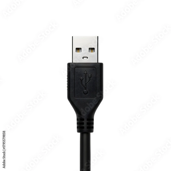 Fototapeta Black USB cable and flash drive for data transfer technology, isolated on white background