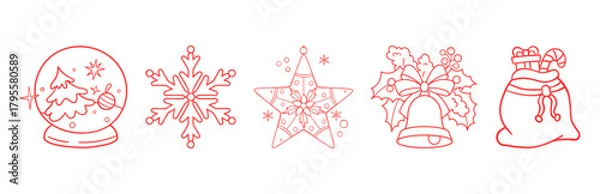 Fototapeta Collection of festive red line art icons: christmas tree snow globe, snowflake, star, holly bell, and gift bag.