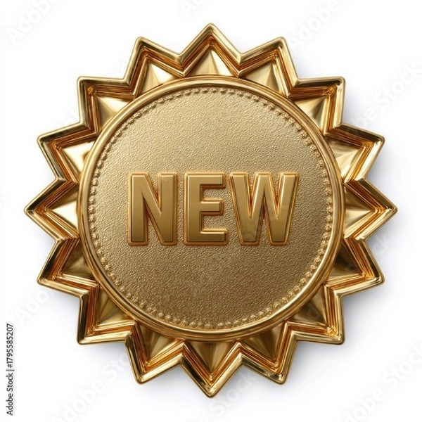 Obraz New product arrival golden star badge, isolated symbol, shiny marketing isolated on white background